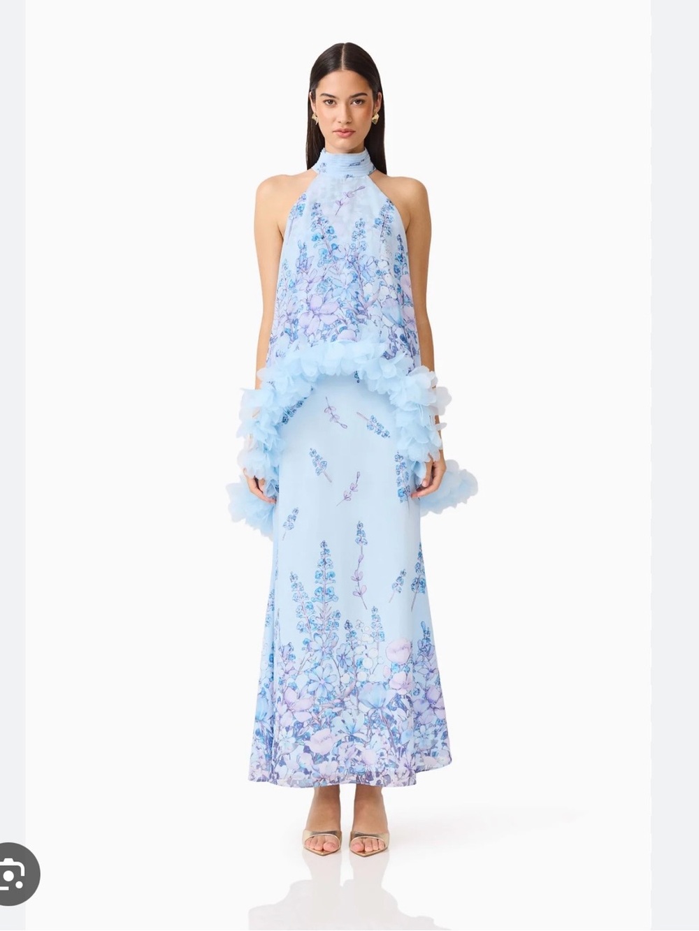 Elliatt Pale Blue and Lilac Floral Halter Maxi Dress with Feather Trim - Picture 3 of 6